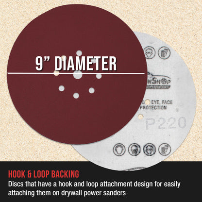 Premium 9" Red 9-Hole Pattern 220 Grit Sanding Discs, Box of 20 - Dustless Hook & Loop Backing Sandpaper for Drywall Power Sanders, Fine-Cut Abrasive