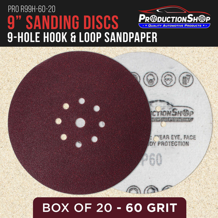 Premium 9" Red 9-Hole Pattern 60 Grit Sanding Discs, Box of 20 - Dustless Hook & Loop Backing Sandpaper for Drywall Power Sanders, Coarse-Cut Abrasive - Woodworking, Sand Auto Paint