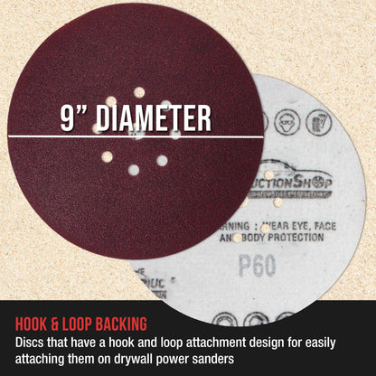 Premium 9" Red 9-Hole Pattern 60 Grit Sanding Discs, Box of 20 - Dustless Hook & Loop Backing Sandpaper for Drywall Power Sanders, Coarse-Cut Abrasive
