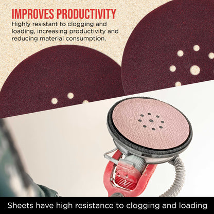 Premium 9" Red 9-Hole Pattern 60 Grit Sanding Discs, Box of 20 - Dustless Hook & Loop Backing Sandpaper for Drywall Power Sanders, Coarse-Cut Abrasive