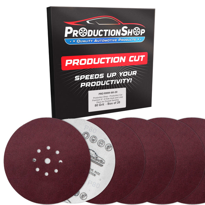 Premium 9" Red 9-Hole Pattern 80 Grit Sanding Discs, Box of 20 - Dustless Hook & Loop Backing Sandpaper for Drywall Power Sanders, Coarse-Cut Abrasive - Woodworking, Sand Auto Paint