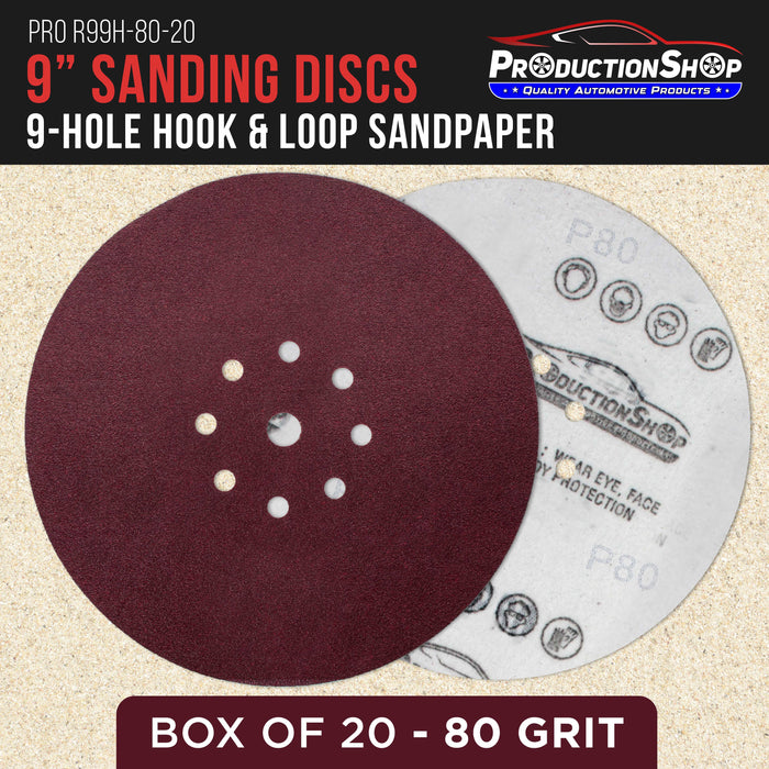 Premium 9" Red 9-Hole Pattern 80 Grit Sanding Discs, Box of 20 - Dustless Hook & Loop Backing Sandpaper for Drywall Power Sanders, Coarse-Cut Abrasive - Woodworking, Sand Auto Paint