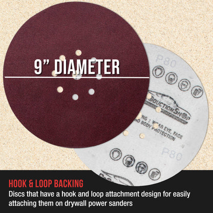 Premium 9" Red 9-Hole Pattern 80 Grit Sanding Discs, Box of 20 - Dustless Hook & Loop Backing Sandpaper for Drywall Power Sanders, Coarse-Cut Abrasive