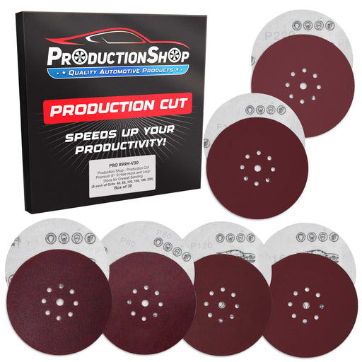 Premium 9" Red 9-Hole Pattern Sanding Discs, 30 Disc Variety Pack, Grits 60, 80, 120, 150, 180, 220 - Dustless Hook & Loop Backing Sandpaper for Drywall Power Sander, Woodworking Paint