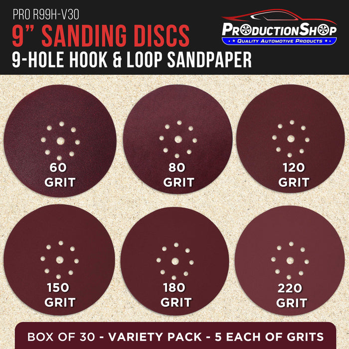 Premium 9" Red 9-Hole Pattern Sanding Discs, 30 Disc Variety Pack, Grits 60, 80, 120, 150, 180, 220 - Dustless Hook & Loop Backing Sandpaper for Drywall Power Sander, Woodworking Paint