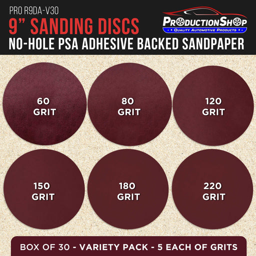 Premium 9" Red Sanding Discs, 30 Disc Variety Pack, Grits 60, 80, 120, 150, 180, 220 - No-Hole Hook & Loop Backing Sandpaper for Drywall Power Sander, Woodworking Sand Automotive Paint