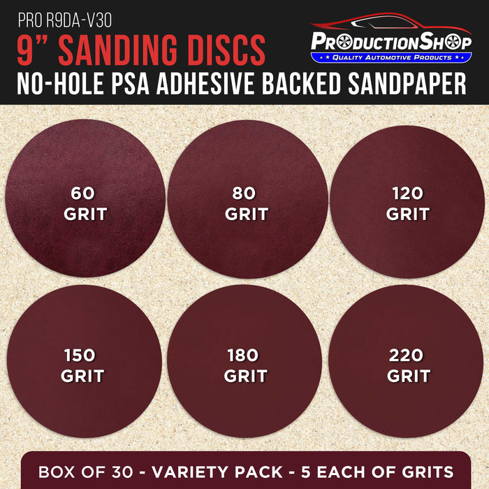 Premium 9" PSA Red Sanding Discs, 30 Disc Variety Pack, Grits 60, 80, 120, 150, 180, 220 - Self Adhesive Stickyback Sandpaper for Drywall Power Sander, Woodworking Sand Automotive Paint