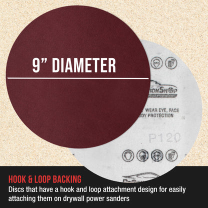 Premium 9" Red 120 Grit Hook & Loop Sanding Discs, Box of 20 - Sandpaper for Drywall Power Sanders, Medium-Cut Abrasive