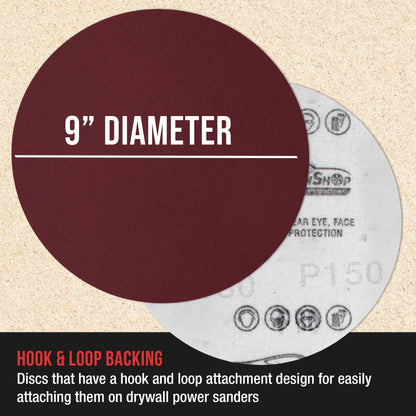 Premium 9" Red 150 Grit Hook & Loop Sanding Discs, Box of 20 - Sandpaper for Drywall Power Sanders, Medium-Cut Abrasive