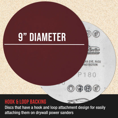 Premium 9" Red 180 Grit Hook & Loop Sanding Discs, Box of 20 - Sandpaper for Drywall Power Sanders, Medium-Cut Abrasive