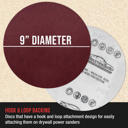 Premium 9" Red 80 Grit Hook & Loop Sanding Discs, Box of 20 - Sandpaper for Drywall Power Sanders, Coarse-Cut Abrasive