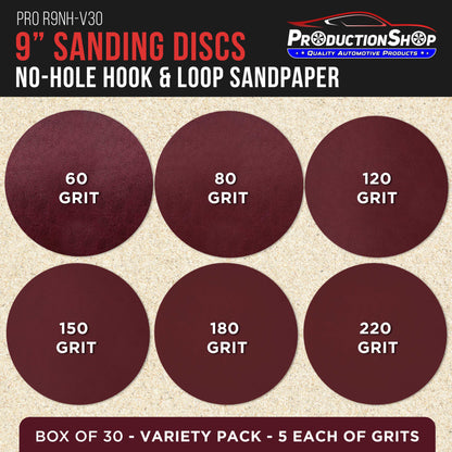 Premium 9" Red Hook & Loop Sanding Discs, 30 Disc Variety Pack, Grits 60, 80, 120, 150, 180, 220 - Sandpaper for Drywall Power Sander