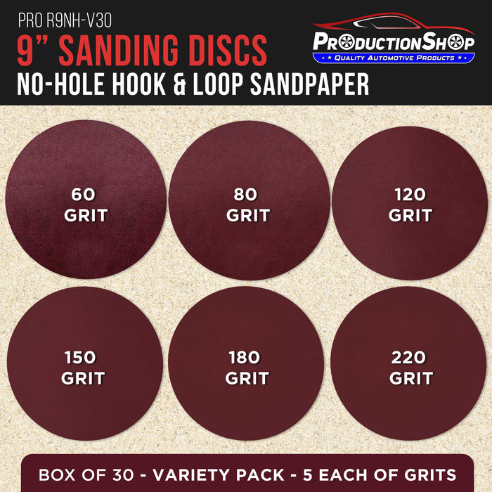 Premium 9" Red Hook & Loop Sanding Discs, 30 Disc Variety Pack, Grits 60, 80, 120, 150, 180, 220 - Sandpaper for Drywall Power Sander, Woodworking Sand Auto Car Paint