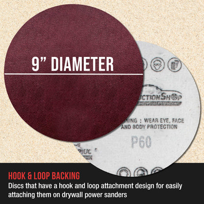 Premium 9" Red Hook & Loop Sanding Discs, 30 Disc Variety Pack, Grits 60, 80, 120, 150, 180, 220 - Sandpaper for Drywall Power Sander