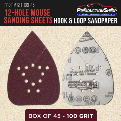 Premium 100 Grit 12-Hole Pattern Mouse Detail Sander Sandpaper Sheets, Box of 45 - Dustless Hook & Loop Triangle Shaped Mouse Disc Pads