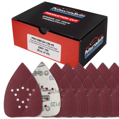 Premium 120 Grit 12-Hole Pattern Mouse Detail Sander Sandpaper Sheets, Box of 45 - Dustless Hook & Loop Triangle Shaped Mouse Disc Pads