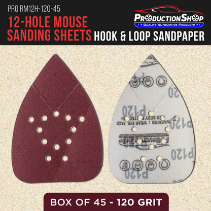 Premium 120 Grit 12-Hole Pattern Mouse Detail Sander Sandpaper Sheets, Box of 45 - Dustless Hook & Loop Triangle Shaped Mouse Disc Pads