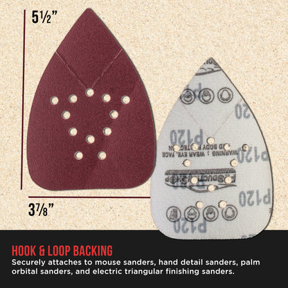Premium 120 Grit 12-Hole Pattern Mouse Detail Sander Sandpaper Sheets, Box of 45 - Dustless Hook & Loop Triangle Shaped Mouse Disc Pads