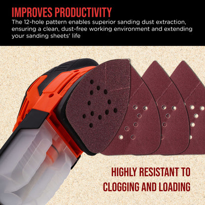 Premium 120 Grit 12-Hole Pattern Mouse Detail Sander Sandpaper Sheets, Box of 45 - Dustless Hook & Loop Triangle Shaped Mouse Disc Pads