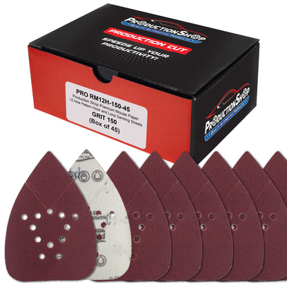 Premium 150 Grit 12-Hole Pattern Mouse Detail Sander Sandpaper Sheets, Box of 45 - Dustless Hook & Loop Triangle Shaped Mouse Disc Pads