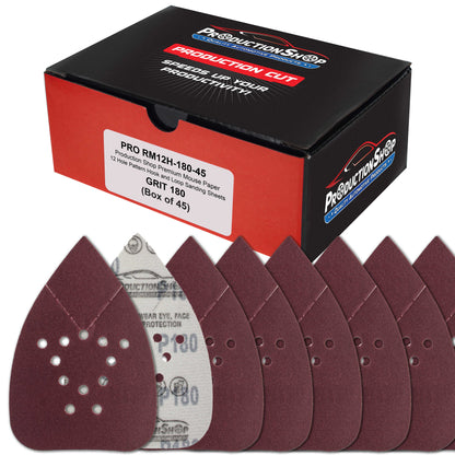 Premium 180 Grit 12-Hole Pattern Mouse Detail Sander Sandpaper Sheets, Box of 45 - Dustless Hook & Loop Triangle Shaped Mouse Disc Pads