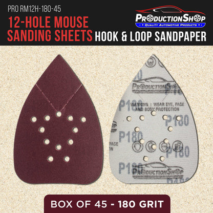Premium 180 Grit 12-Hole Pattern Mouse Detail Sander Sandpaper Sheets, Box of 45 - Dustless Hook & Loop Triangle Shaped Mouse Disc Pads