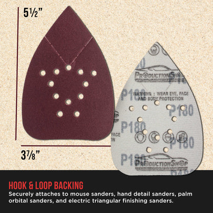 Premium 180 Grit 12-Hole Pattern Mouse Detail Sander Sandpaper Sheets, Box of 45 - Dustless Hook & Loop Triangle Shaped Mouse Disc Pads