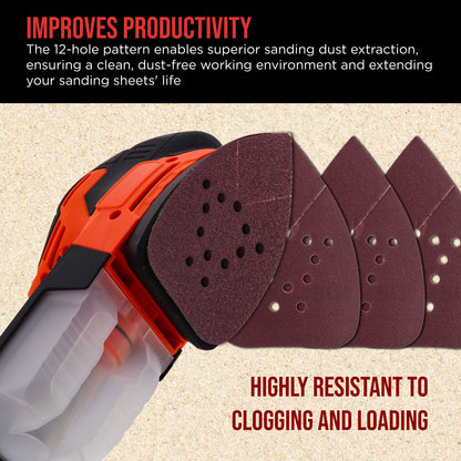 Premium 180 Grit 12-Hole Pattern Mouse Detail Sander Sandpaper Sheets, Box of 45 - Dustless Hook & Loop Triangle Shaped Mouse Disc Pads