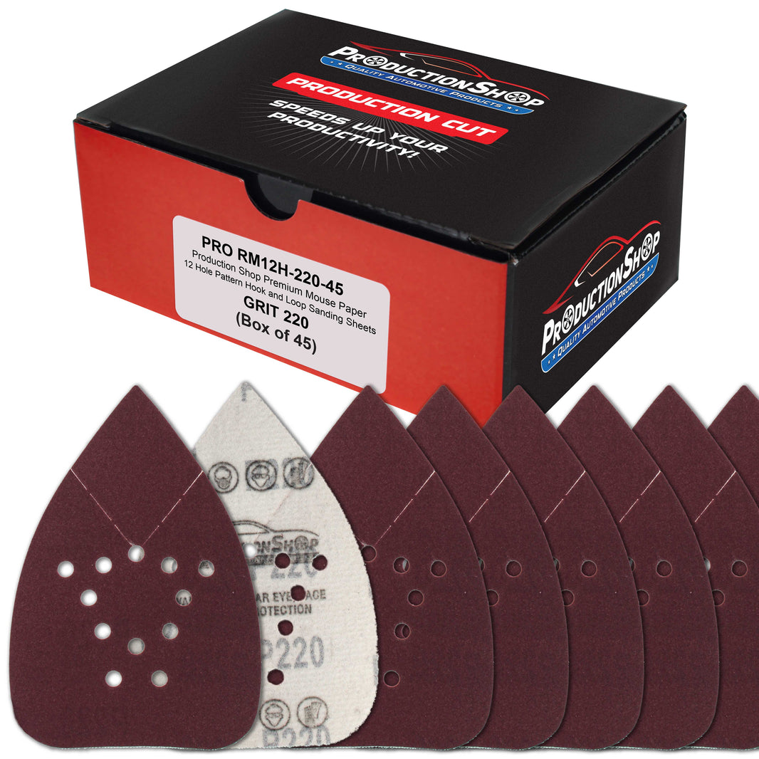 Premium 220 Grit 12-Hole Pattern Mouse Detail Sander Sandpaper Sheets, Box of 45 - Dustless Hook & Loop Triangle Shaped Mouse Disc Pads