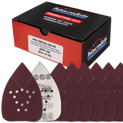 Premium 220 Grit 12-Hole Pattern Mouse Detail Sander Sandpaper Sheets, Box of 45 - Dustless Hook & Loop Triangle Shaped Mouse Disc Pads
