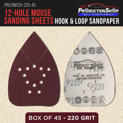 Premium 220 Grit 12-Hole Pattern Mouse Detail Sander Sandpaper Sheets, Box of 45 - Dustless Hook & Loop Triangle Shaped Mouse Disc Pads