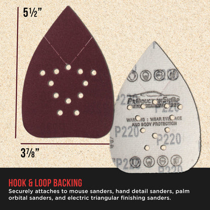 Premium 220 Grit 12-Hole Pattern Mouse Detail Sander Sandpaper Sheets, Box of 45 - Dustless Hook & Loop Triangle Shaped Mouse Disc Pads