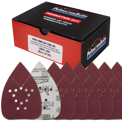 Premium 320 Grit 12-Hole Pattern Mouse Detail Sander Sandpaper Sheets, Box of 45 - Dustless Hook & Loop Triangle Shaped Mouse Disc Pads