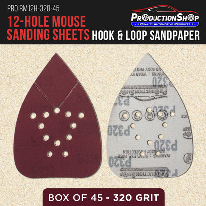 Premium 320 Grit 12-Hole Pattern Mouse Detail Sander Sandpaper Sheets, Box of 45 - Dustless Hook & Loop Triangle Shaped Mouse Disc Pads
