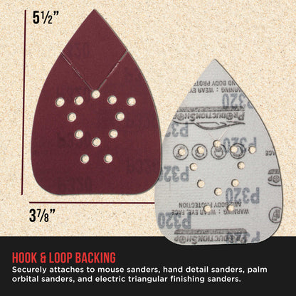 Premium 320 Grit 12-Hole Pattern Mouse Detail Sander Sandpaper Sheets, Box of 45 - Dustless Hook & Loop Triangle Shaped Mouse Disc Pads