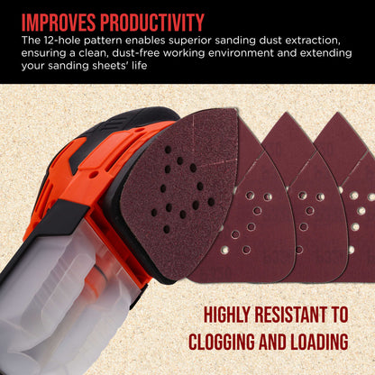 Premium 320 Grit 12-Hole Pattern Mouse Detail Sander Sandpaper Sheets, Box of 45 - Dustless Hook & Loop Triangle Shaped Mouse Disc Pads