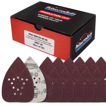 Premium 40 Grit 12-Hole Pattern Mouse Detail Sander Sandpaper Sheets, Box of 30 - Dustless Hook & Loop Triangle Shaped Mouse Disc Pads