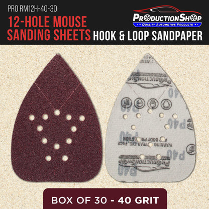 Premium 40 Grit 12-Hole Pattern Mouse Detail Sander Sandpaper Sheets, Box of 30 - Dustless Hook & Loop Triangle Shaped Mouse Disc Pads