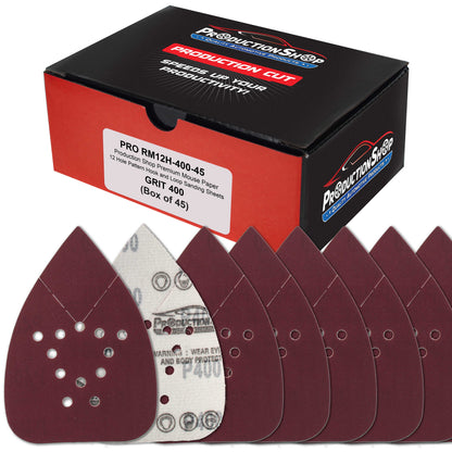 Premium 400 Grit 12-Hole Pattern Mouse Detail Sander Sandpaper Sheets, Box of 45 - Dustless Hook & Loop Triangle Shaped Mouse Disc Pads