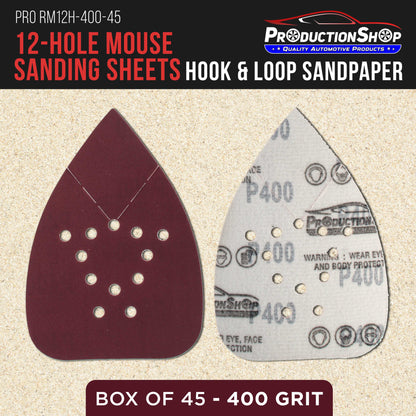 Premium 400 Grit 12-Hole Pattern Mouse Detail Sander Sandpaper Sheets, Box of 45 - Dustless Hook & Loop Triangle Shaped Mouse Disc Pads