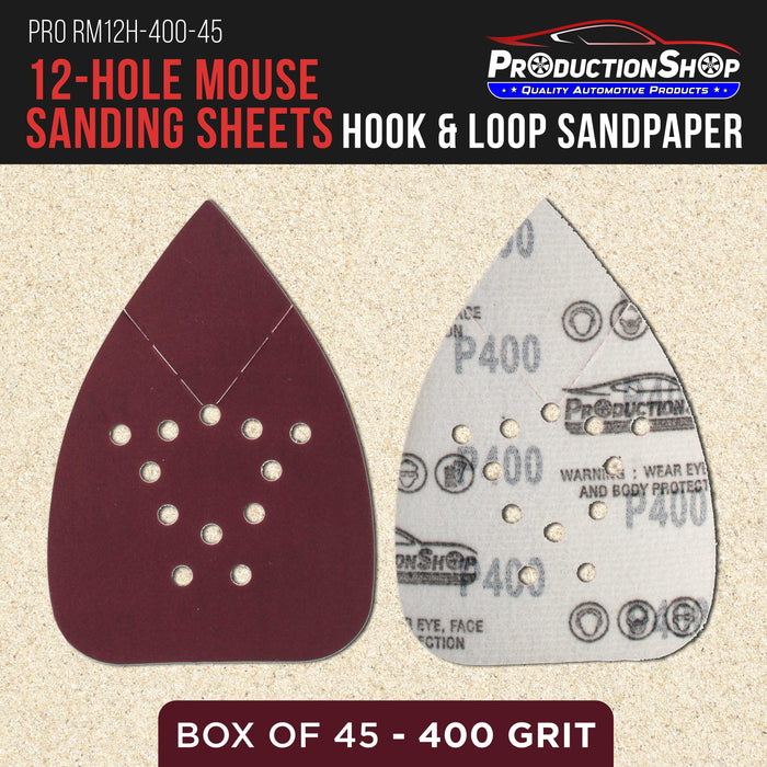 Premium 400 Grit 12-Hole Pattern Mouse Detail Sander Sandpaper Sheets, Box of 45 - Dustless Hook & Loop Triangle Shaped Mouse Disc Pads - Fits Black & Decker Woodworking Wood Furniture