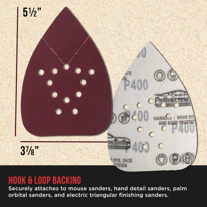 Premium 400 Grit 12-Hole Pattern Mouse Detail Sander Sandpaper Sheets, Box of 45 - Dustless Hook & Loop Triangle Shaped Mouse Disc Pads