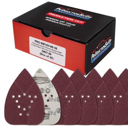 Premium 60 Grit 12-Hole Pattern Mouse Detail Sander Sandpaper Sheets, Box of 30 - Dustless Hook & Loop Triangle Shaped Mouse Disc Pads