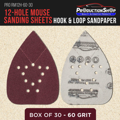 Premium 60 Grit 12-Hole Pattern Mouse Detail Sander Sandpaper Sheets, Box of 30 - Dustless Hook & Loop Triangle Shaped Mouse Disc Pads