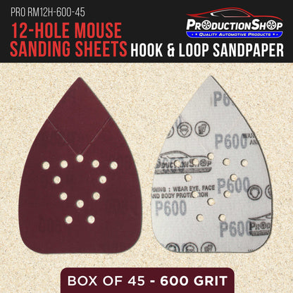 Premium 600 Grit 12-Hole Pattern Mouse Detail Sander Sandpaper Sheets, Box of 45 - Dustless Hook & Loop Triangle Shaped Mouse Disc Pads