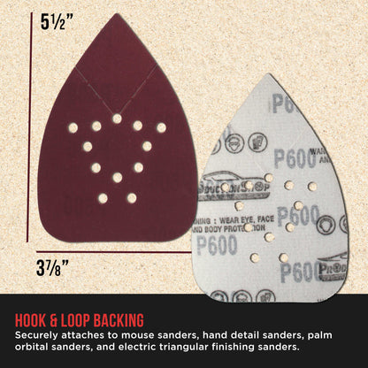 Premium 600 Grit 12-Hole Pattern Mouse Detail Sander Sandpaper Sheets, Box of 45 - Dustless Hook & Loop Triangle Shaped Mouse Disc Pads