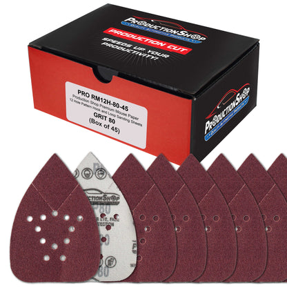 Premium 80 Grit 12-Hole Pattern Mouse Detail Sander Sandpaper Sheets, Box of 45 - Dustless Hook & Loop Triangle Shaped Mouse Disc Pads