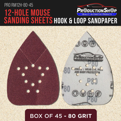 Premium 80 Grit 12-Hole Pattern Mouse Detail Sander Sandpaper Sheets, Box of 45 - Dustless Hook & Loop Triangle Shaped Mouse Disc Pads