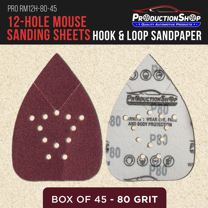 Premium 80 Grit 12-Hole Pattern Mouse Detail Sander Sandpaper Sheets, Box of 45 - Dustless Hook & Loop Triangle Shaped Mouse Disc Pads - Fits Black & Decker, Woodworking Wood Furniture