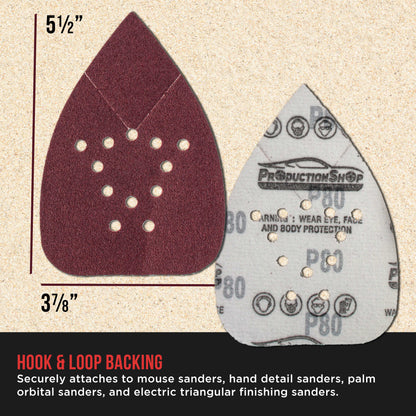 Premium 80 Grit 12-Hole Pattern Mouse Detail Sander Sandpaper Sheets, Box of 45 - Dustless Hook & Loop Triangle Shaped Mouse Disc Pads